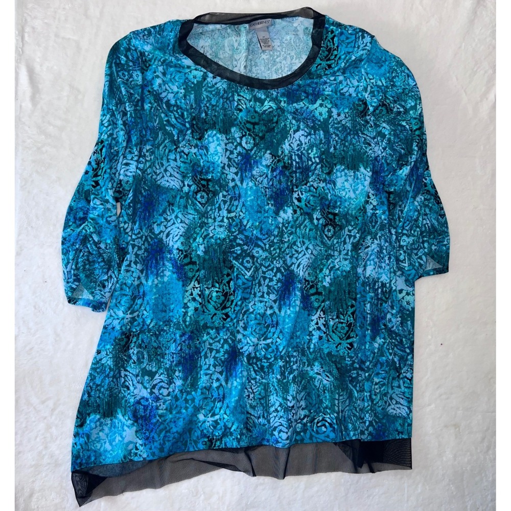 Catherines 4X Teal Blue Abstract Paisley Mesh Trim 3/4 Sleeve Top Boho Lagenlook